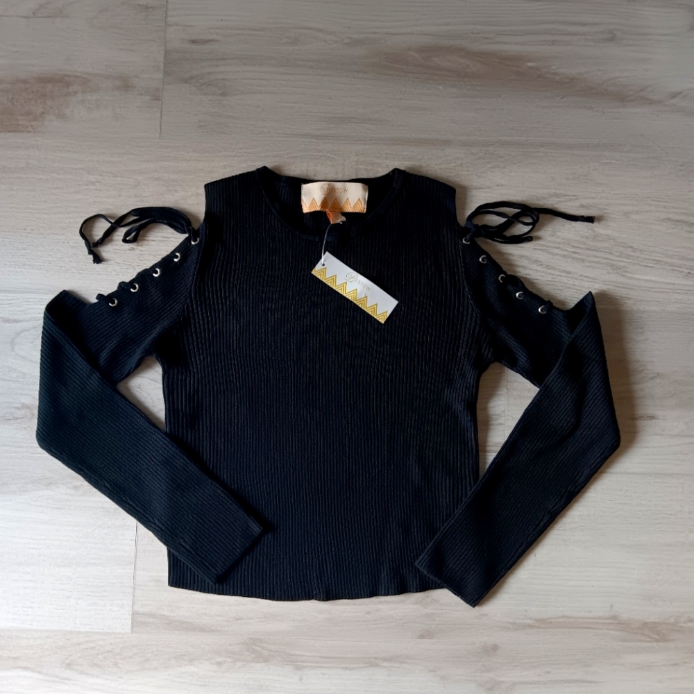 New Bestow Stretchy Rib-Knit Sweater Lace-up Cold-Shoulder Cutout Black Large